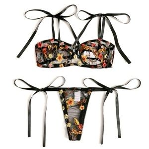 Floral Fall Embroidery Bra & Side Tie Thong